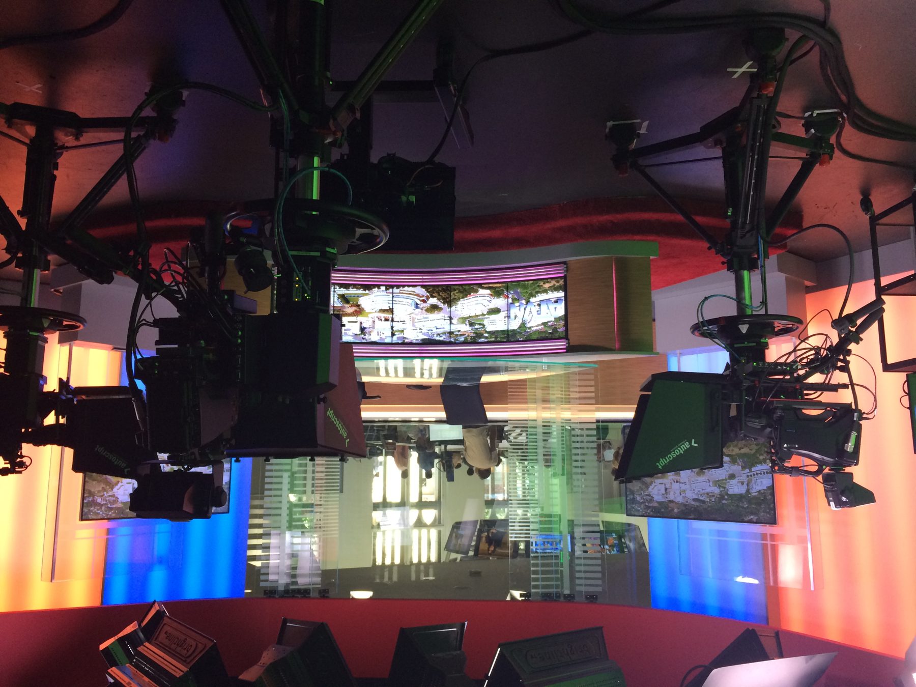 Broadcast studio with LED walls, camera rigs and production lighting